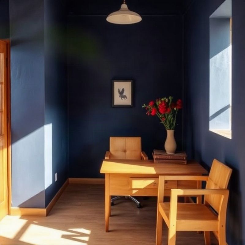 Calm consultation room with a deep indigo wall and simple wooden furniture inside the Mistyatlasx office