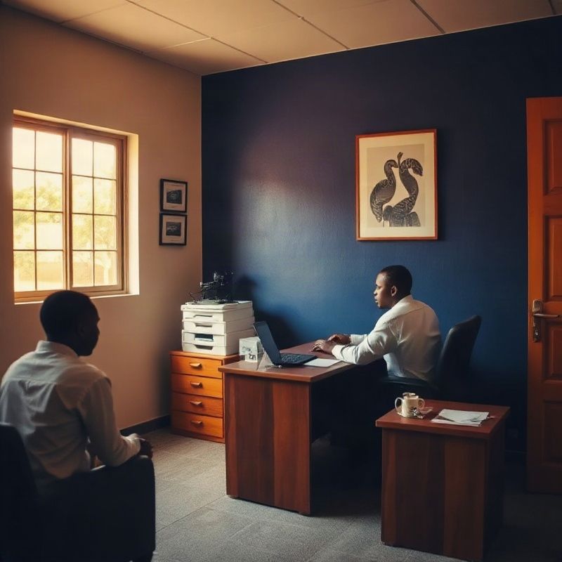Staff member assisting a client at a tidy desk inside the Mistyatlasx office